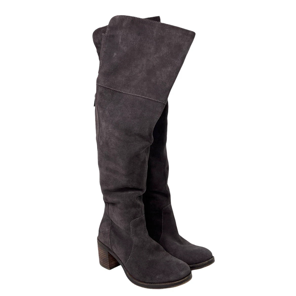 Lucky Brand Rayla Gray Suede Leather Block Heel Rear Zip Over Knee Boots 8M 38