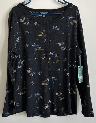 Women s Terra & Sky Plus 1X  Waffle Henley Plus Tssed Bqt Blue Heron Long Sleeve