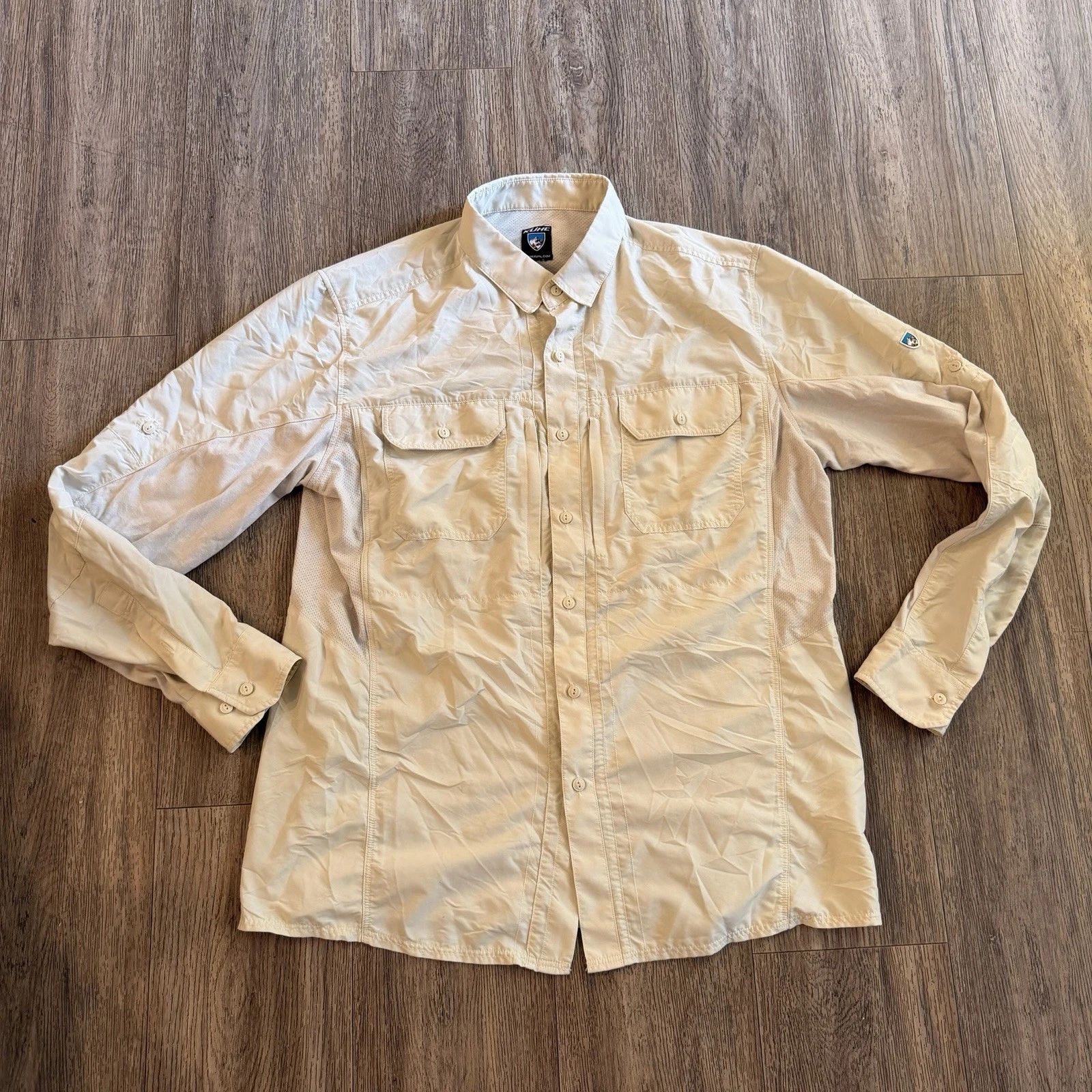 KUHL Mens Long Sleeve Hiking Shirt Ivory Large Airspeed Vented Gorpcore Utility