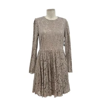 NWT Needle & Thread Guipure Lace Mini Dress Long Sleeve Beige Gray Size US 8