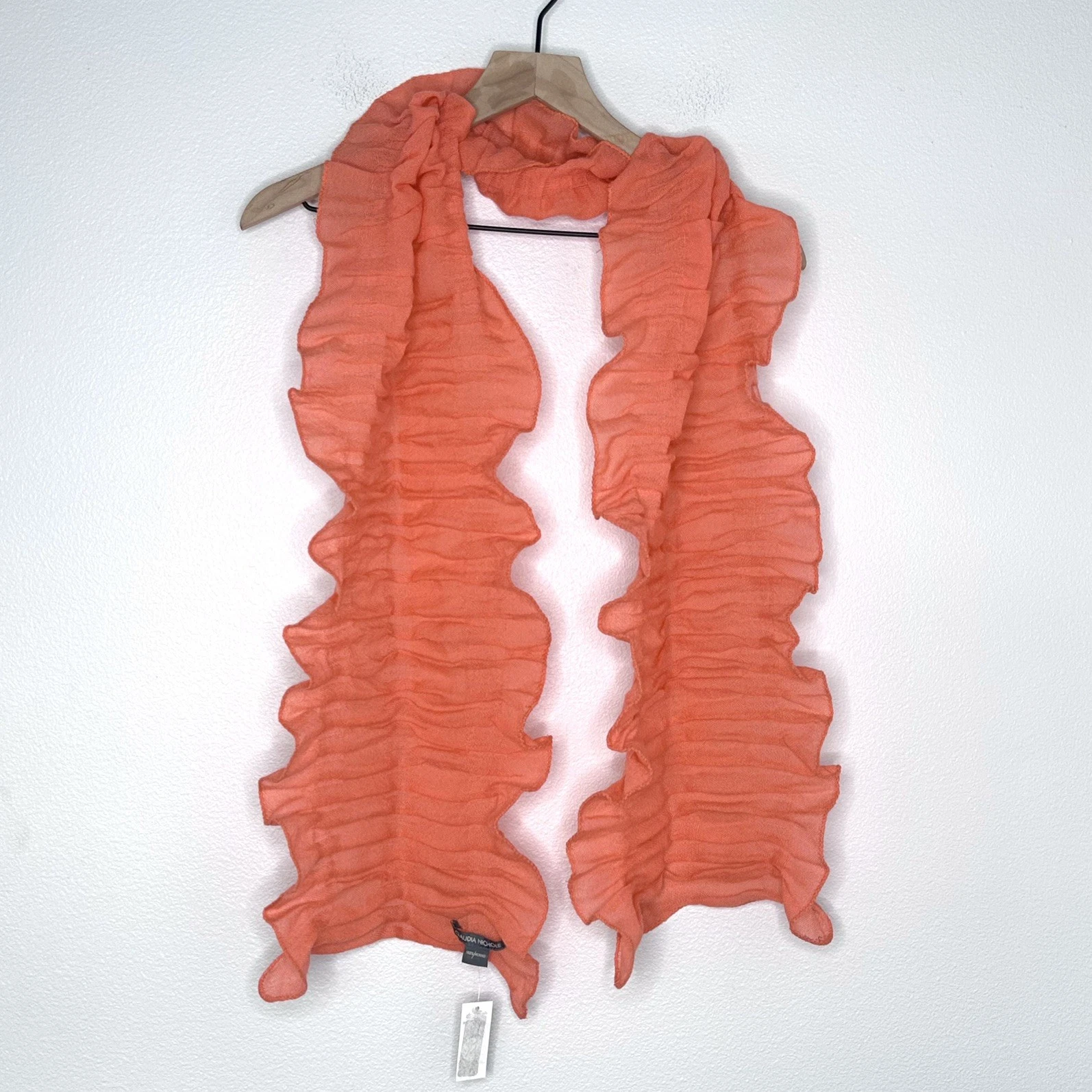 NWT Claudia Nichole Coral Orange Pink 100% Wool Ruched Ruffle Scarf Lightweight