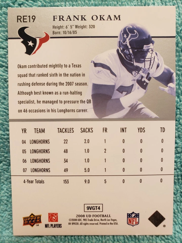 2008 UPPER DECK FRANK OKAM STAR ROOKIES #RE19 HOUSTON TEXANS EXCLUSIVES RC - Image 3 of 4