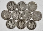 Lot of 10 Mercury Dimes 90% Silver - Various Dates Free Shipping
