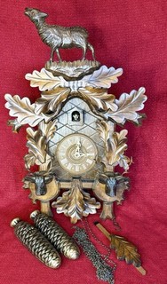 Large Antique 8 DAY Black Forest German LAMB With Two DEER Carved Cuckoo CLOCK