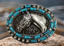 Western Cowboy cowgirl Horse Turquoise bead Accents Belt Buckle Ornate Detailing