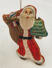 Tessuto ornamento Babbo Natale ricamato a mano vintage 5"
