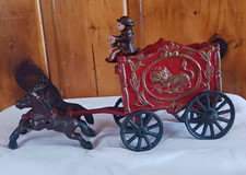 Vintage Antique Cast Iron Horse Drawn Circus Wagon 2 Horse W/ Driver Toy