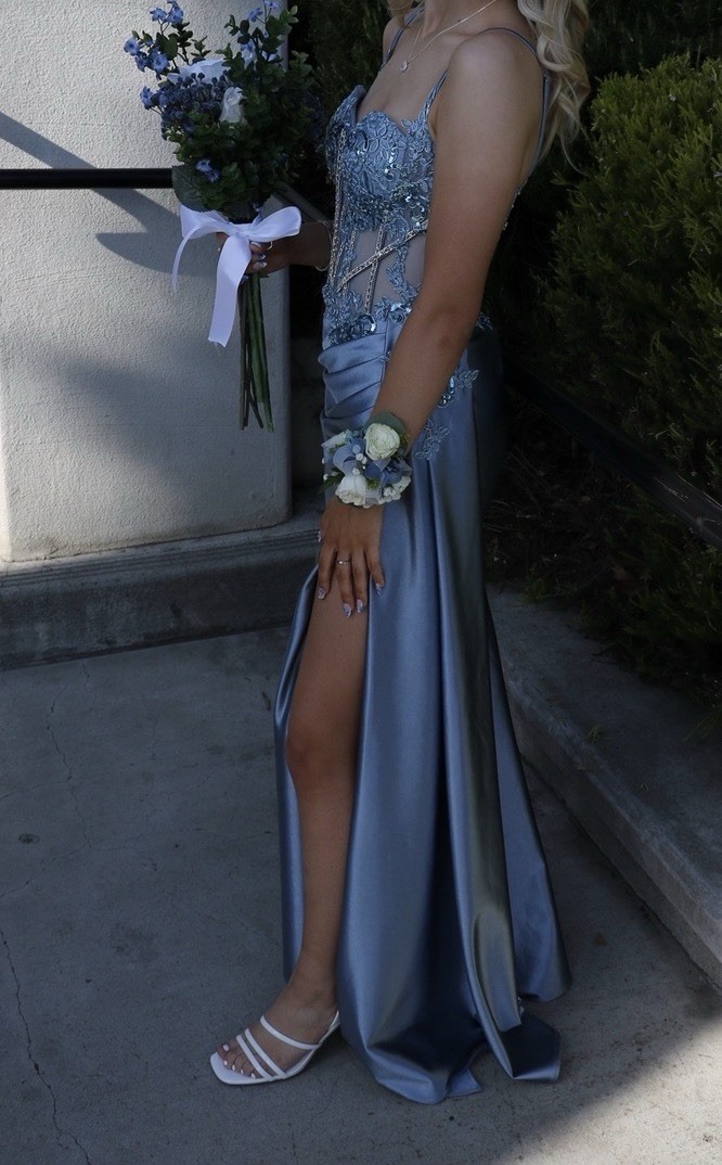 Blue Satin Beaded Sequin Prom Gown with Slit, Sweetheart Neckline, Backless