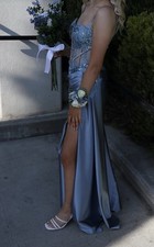 Blue Satin Beaded Sequin Prom Gown with Slit, Sweetheart Neckline, Backless