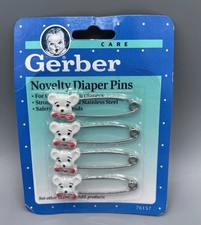 1991 SET OF 4 VINTAGE BABY GERBER NOVELTY DIAPER PINS WHITE BEAR RED BOW TIE NOS