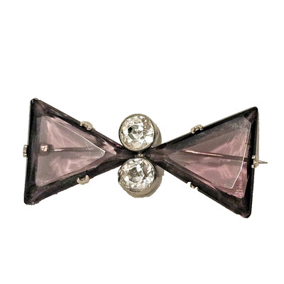 VTG Art Deco Amethyst Glass Stones Bow Tie Brooch 2'' Retro Rhinestone Rollover