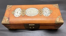Vintage Chinese Wood Jewelry Box Curved Jade Panels Inlay Brass Mounts