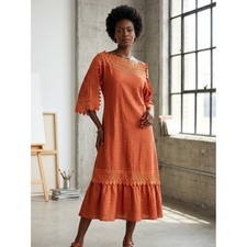 Boho Lace Crochet Trim Jacquard Midi Dress Burnt Orange Wide Sleeve Boat Neck