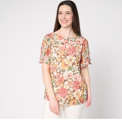 Susan Graver Women's Printed Knit Flutter Sleeve Top Rose/Ivory Sz M A692159
