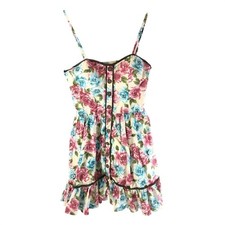 Katia Dress A Line Floral Cotton Ruffle Button Detail Sleeveless Beige Blue M