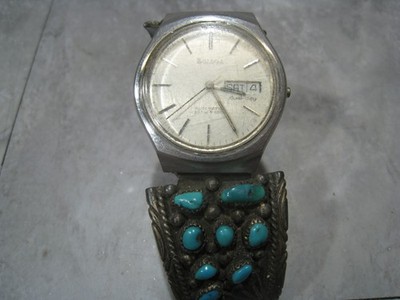 Vintage Bulova N9 Watch Turquoise Sterling Cuff Band Automatic Dual-Day USA  Mens