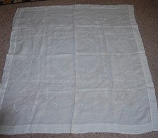 Drawnwork Linen ? Tablecloth Topper 46x48 white  Estate Sale Find Vintage
