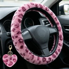 Leopard Steering Wheel Cover With Fluffy Keychain - Fits 14-15 Pink Leopard Steering Wheel Cover With Fluffy Keychain - Fits 14-15 Pink