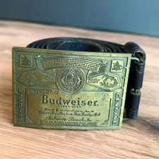 Vintage Budweiser Belt Buckle Leather Belt Brass Beer Advertising 46in 1970s