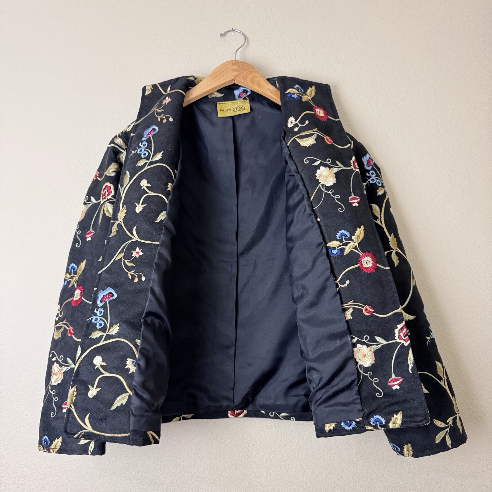 Giacca blazer vintage dipinta pony hippie boho ricamata floreale nera aperta taglia XL