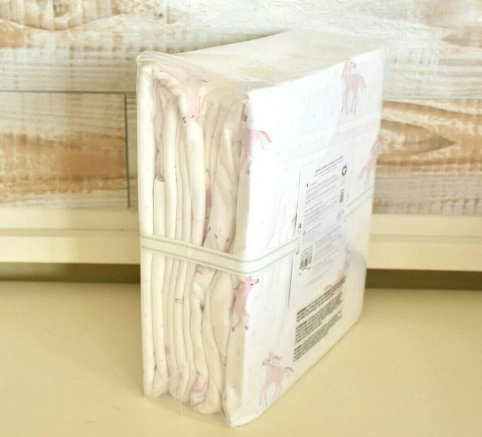 NEW Pottery Barn Kids Organic FLANNEL Rainbow Unicorn TWIN Sheet Set Pink NWT - Image 3 of 4