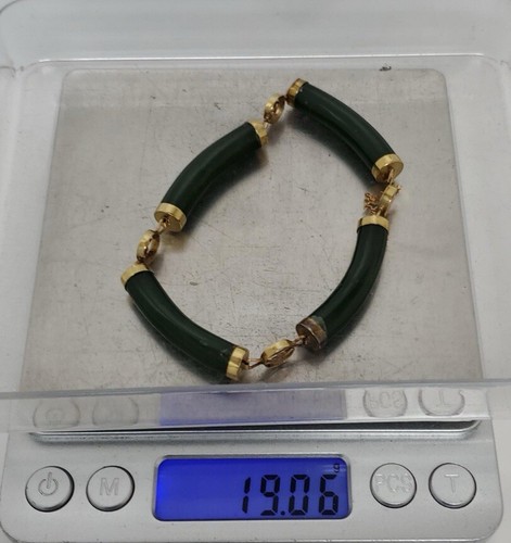 14 Karat Yellow Gold Green Jade Gemstone 7" Asian Bracelet 19g - Picture 8 of 8