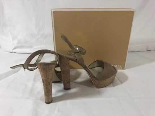 Authentic Michael Kors Women’s Shoes Sandals High Heels Beige Suede Cork 9 - Picture 8 of 12