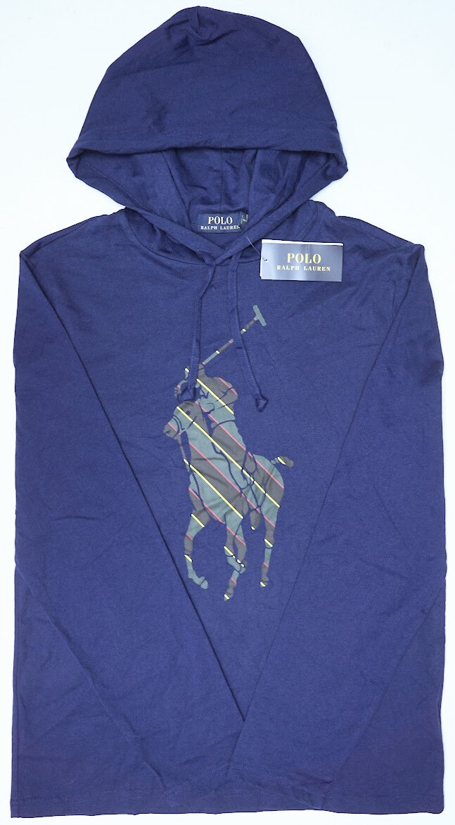 Maglietta con cappuccio polo Ralph Lauren da uomo blu reale manica lunga pony $69