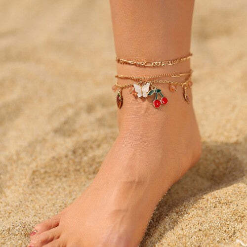 Gold Plated Anklet Layered Hanging Charms Bracelet MultiColor Women's Girls - Picture 1 of 13