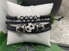 2 PC Soccer Mama Bead PU Leather Bracelet Stackable Adjustable Tie New B3118