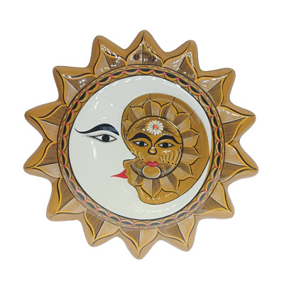 Sun & Moon Eclipse Hand Painted Ceramic Pottery Wall Hang 9.5'' Mexican Folk Art