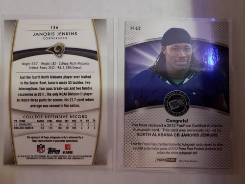 2012 TOPPS PLATINUM JANORIS JENKINS AUTO & PRESS PASS AUTO #'D 34/99. - Picture 4 of 4