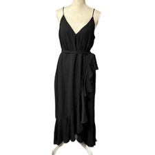 J Crew Spaghetti Strap Black Drapey Faux Wrap Ruffles Mid Calf Midi Womens 14