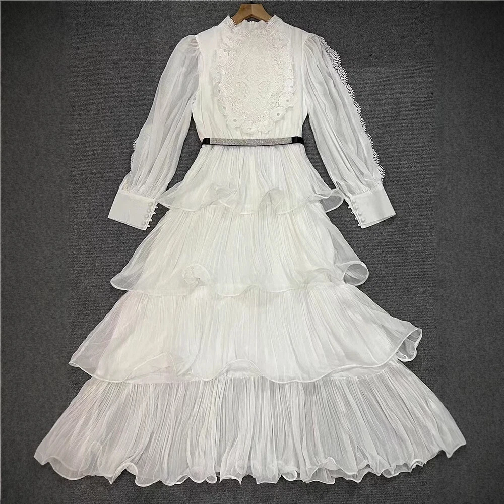 OFF WHITE 2025 set donna spalline maniche lunghe vita alta abito sciolto bordo volant gonna a sbuffo