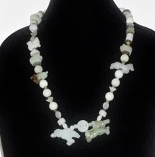 CHINESE MULTIPLE STYLE CARVED JADE + JADEITE BEADS STERLING NECKLACE 160gm 26"