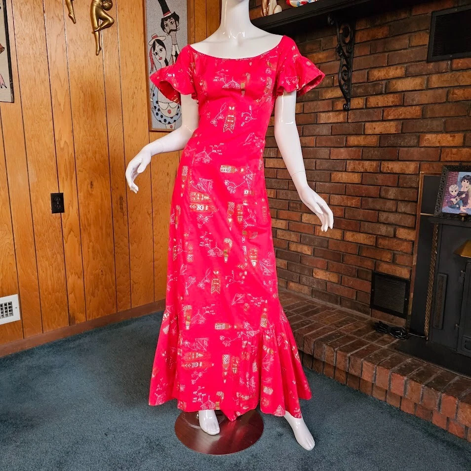 Maxi Vestido Hawaiano De Colección Años 50 Shaheen Sirena Cola de Pescado Metálico Dioses Tiki M Foto 2 de 4