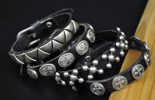 JS51 Metal Studded Single Band Leather Bracelet Wristband