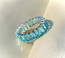 Natural London Blue Topaz Eternity Ring, 925 Sterling Silver Emerald Cut Band