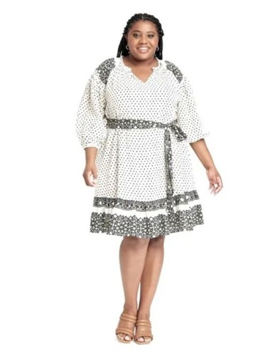 Knox Rose White & Black Geo Dot A-Line Mini Dress & 3/4 Sleeves XXL NWT