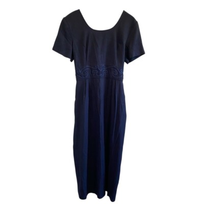 John Roberts Women's Vintage Dress Size 14 Navy Blue Embroidered-detail Waist