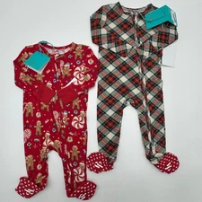 NEW Posh Peanut Baby Pajama 3-6 Months Footed Sleepers 2 Pc Bundle Plaid Holiday