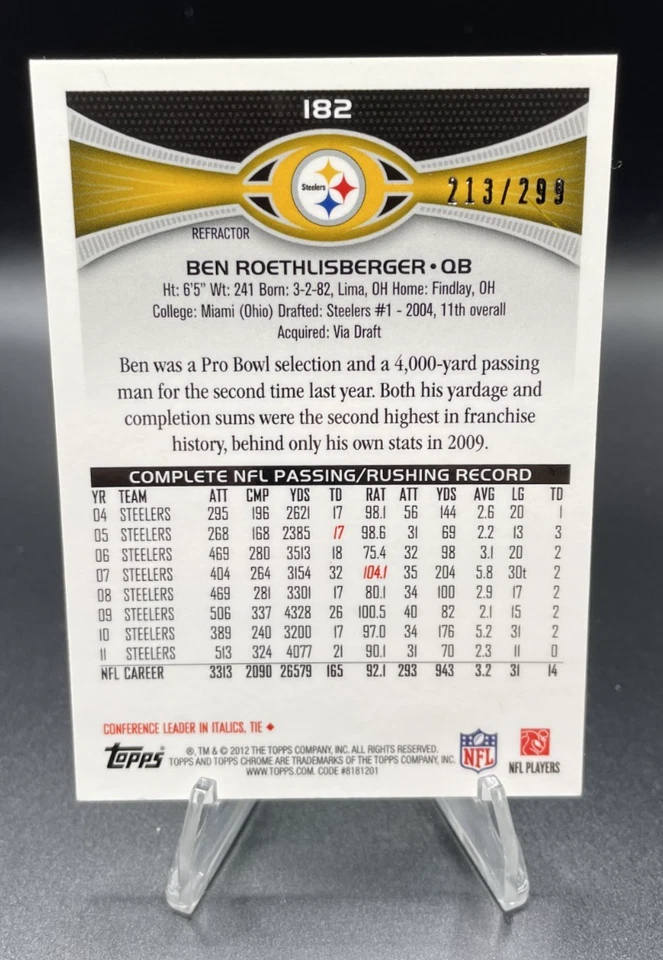 2012 Topps Chrome Ben Roethlisberger Black Refractor #182 SP /299 Color Match! - Image 2 of 2