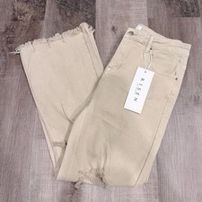 RISEN Women's Wide-Leg Jeans Beige Denim Distressed Fringe High Rise Stretch NWT