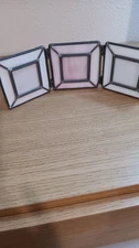 Vintage Fetco Stained Glass Tri Fold Photo Frame Pink White