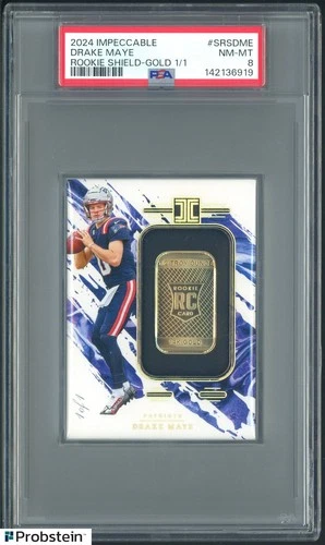 2024 Panini Impeccable Drake Maye RC 14k Gold Rookie Shield Bar 1/1 PSA 8