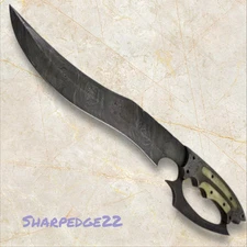 Damascus Full Tang D Guard Bowie with Bone Handle and Leather Sheath , D Guard