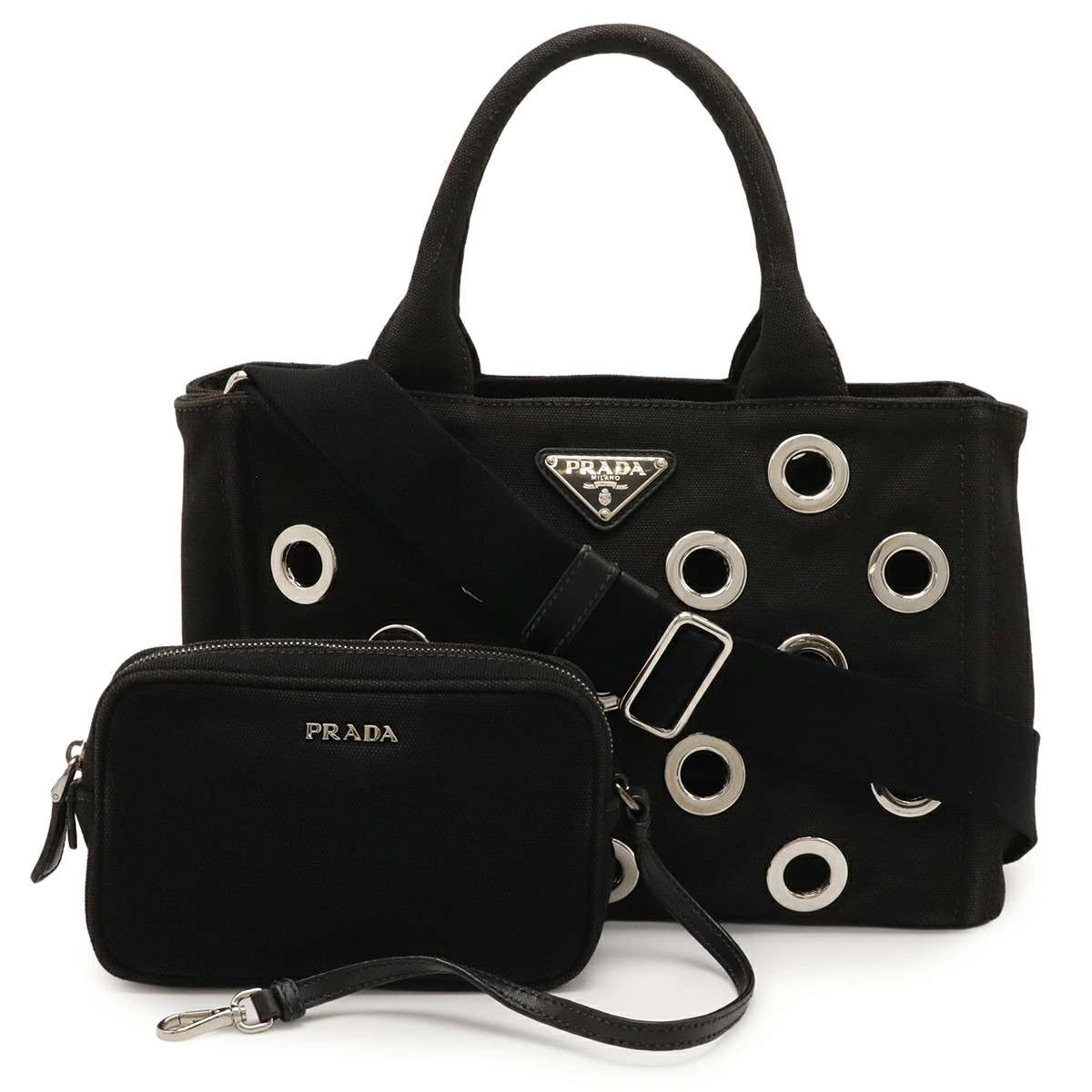 Prada Canapa Grommet Tote Bag 2Way Shoulder Canvas Nero Black