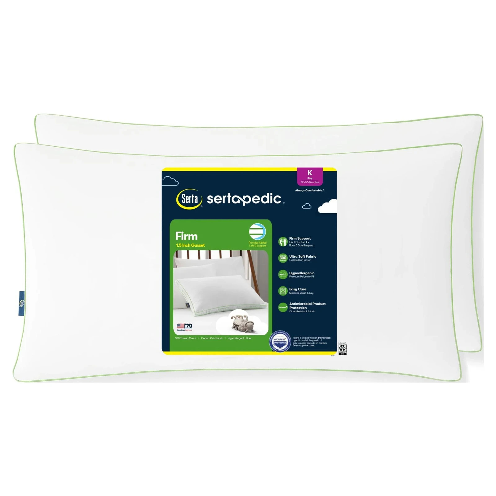 Sertapedic Firm Bed Pillow, King, 2 Pack Antimicrobial comfort 20” x 36"