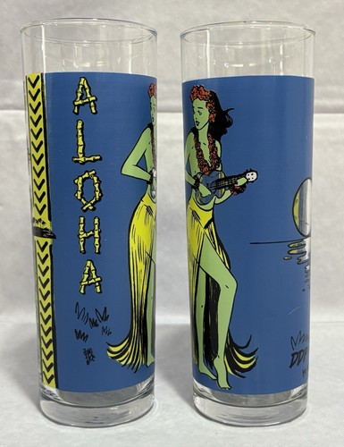 Hula Girl Glass Highball Collins Tiki Barware Hawaii Set of 2 Pair Zombie Tall - Picture 2 of 5