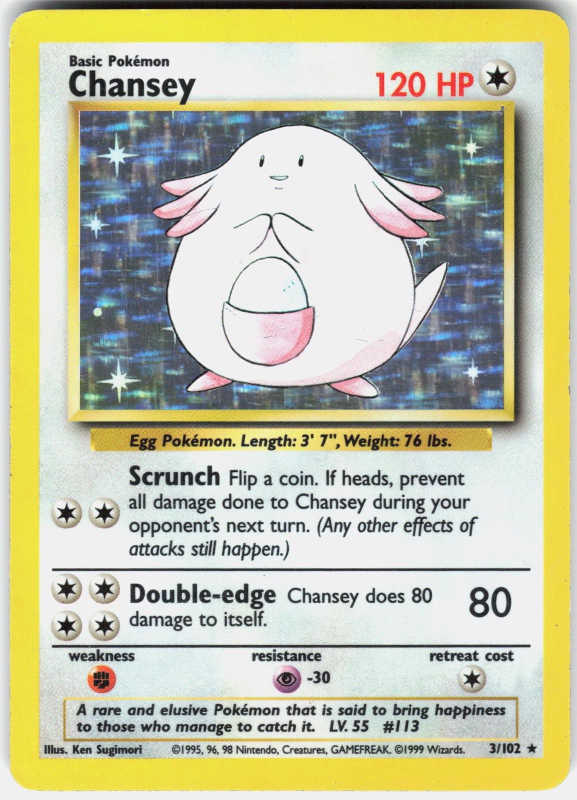 Pokemon Chansey 3/102 Holo Rare Base Set Unlimited Pokemon Lightly Played B